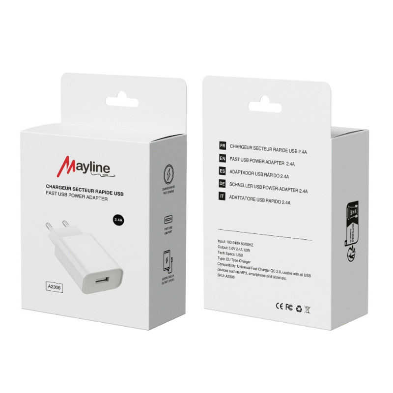 Adaptateur Secteur USB 2.4A 12W - Chargeur Rapide (Mayline) — Mayline · Smarty Paris 18e